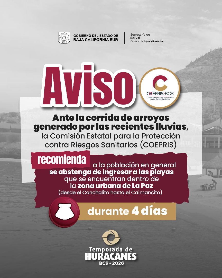 RECOMIENDA COEPRIS NO INGRESAR A PLAYAS URBANAS DE LA PAZ DURANTE DE CUATRO DÍAS